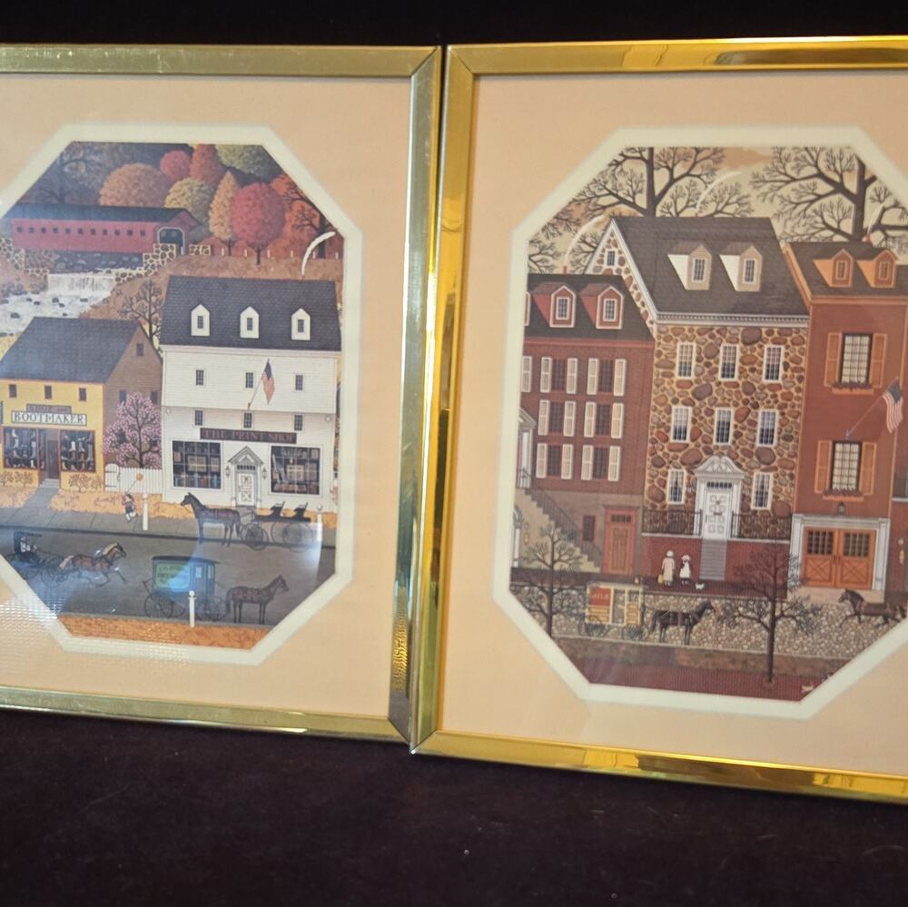 Set of 2 Framed & Matted Wysocki prints. Village square & City Street.